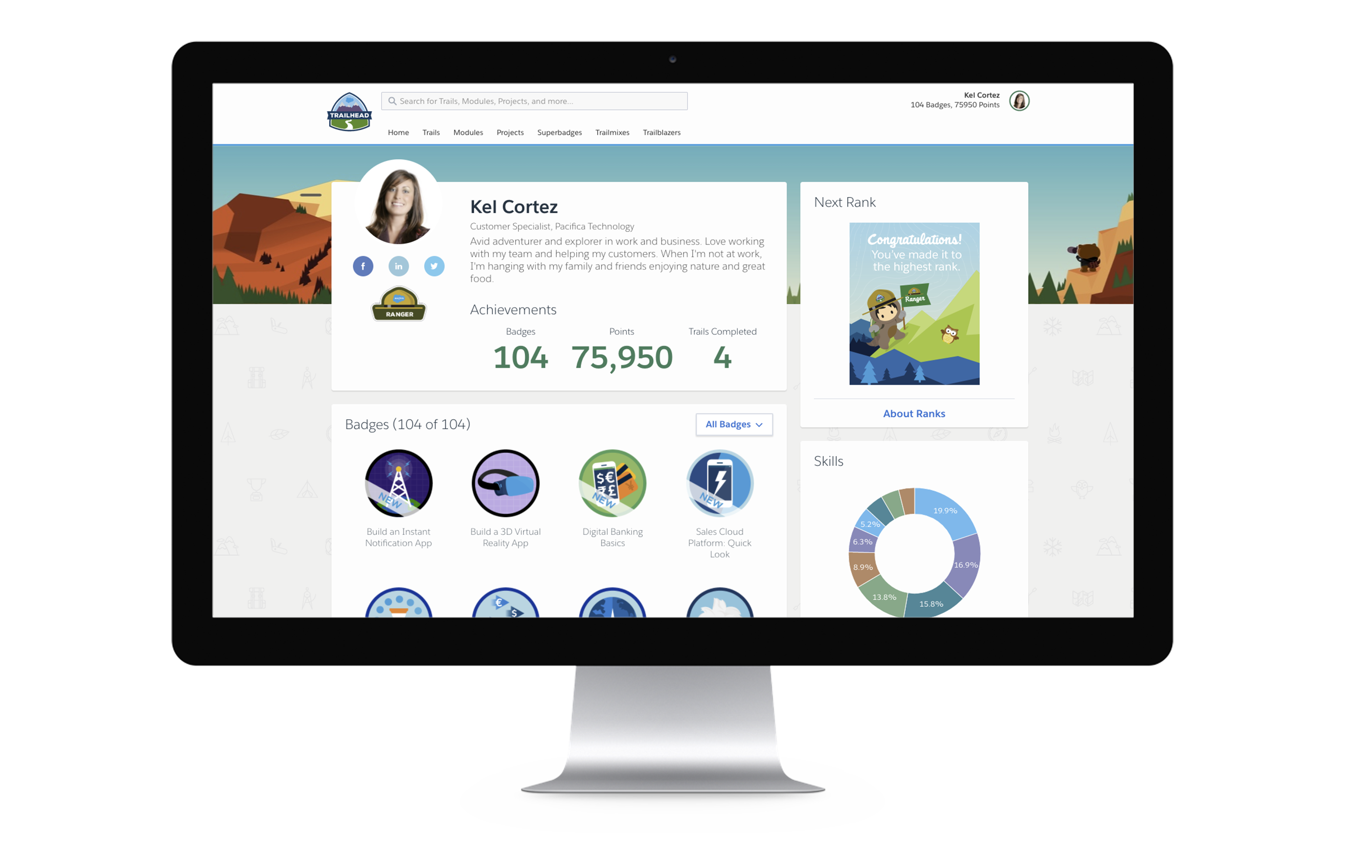 Los usuarios de Trailhead crean perfiles que muestran insignias, puntos y habilidades que han adquirido al completar lecciones en línea.