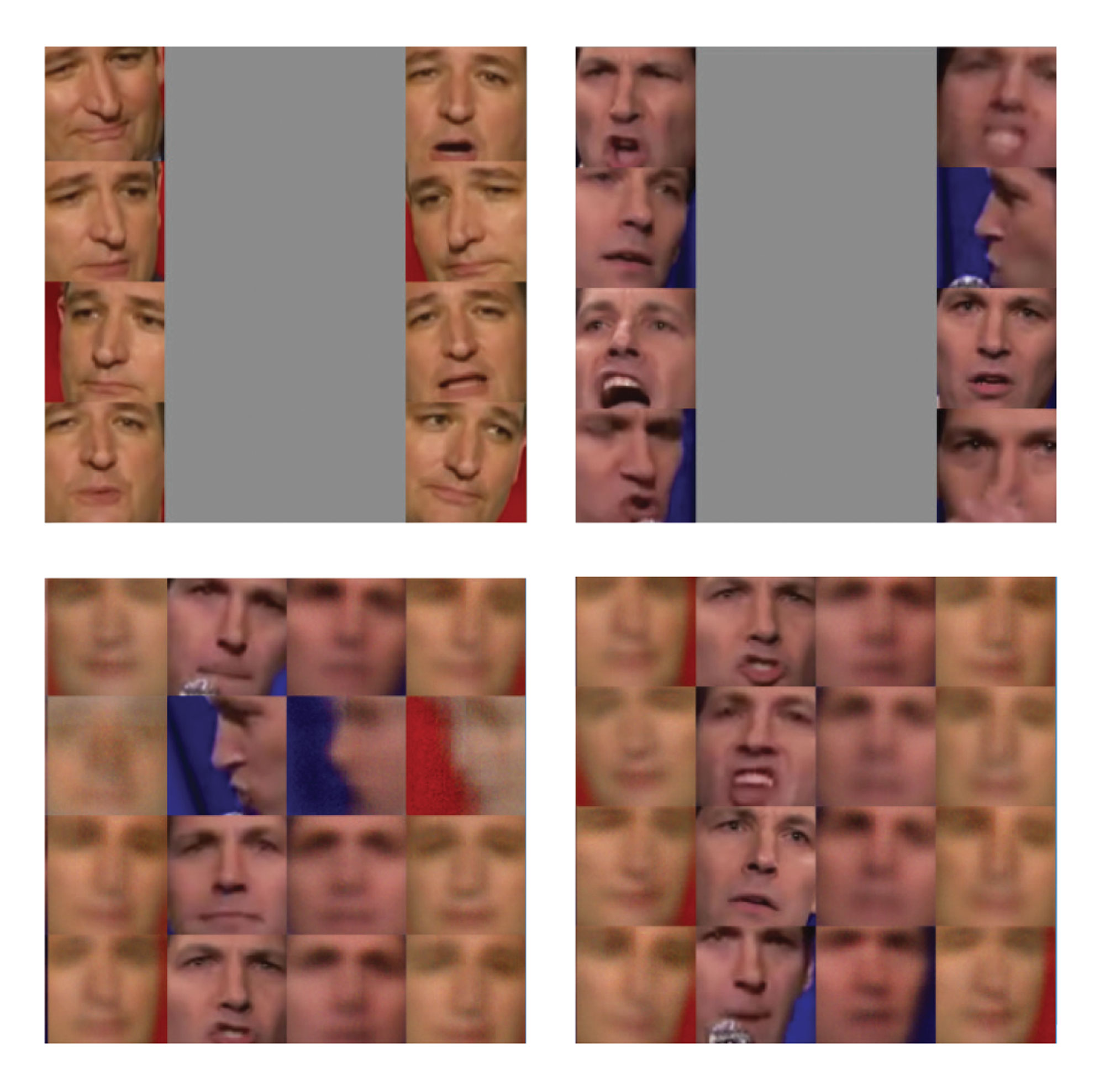 Izquierda: las vistas previas de OpenFaceSwap intentaron intercambios de caras durante el entrenamiento. Los primeros intentos a menudo pueden ser un poco extraños y grotescos. <br> <br> Derecha: El software tarda varias horas en producir un buen intercambio de rostros. Cuantos más datos de entrenamiento, mejor será el resultado final.