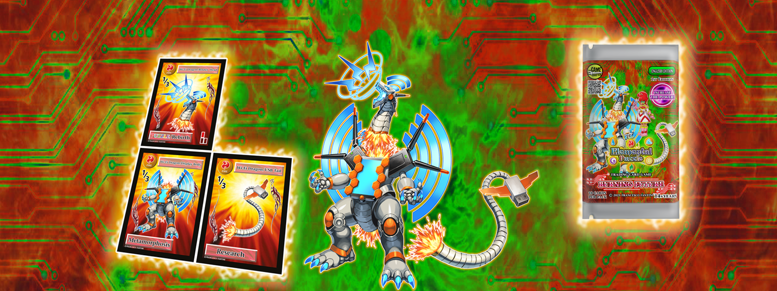 Elemental Puzzle TCG - Burning Future - Booster Pack showcase backdrop