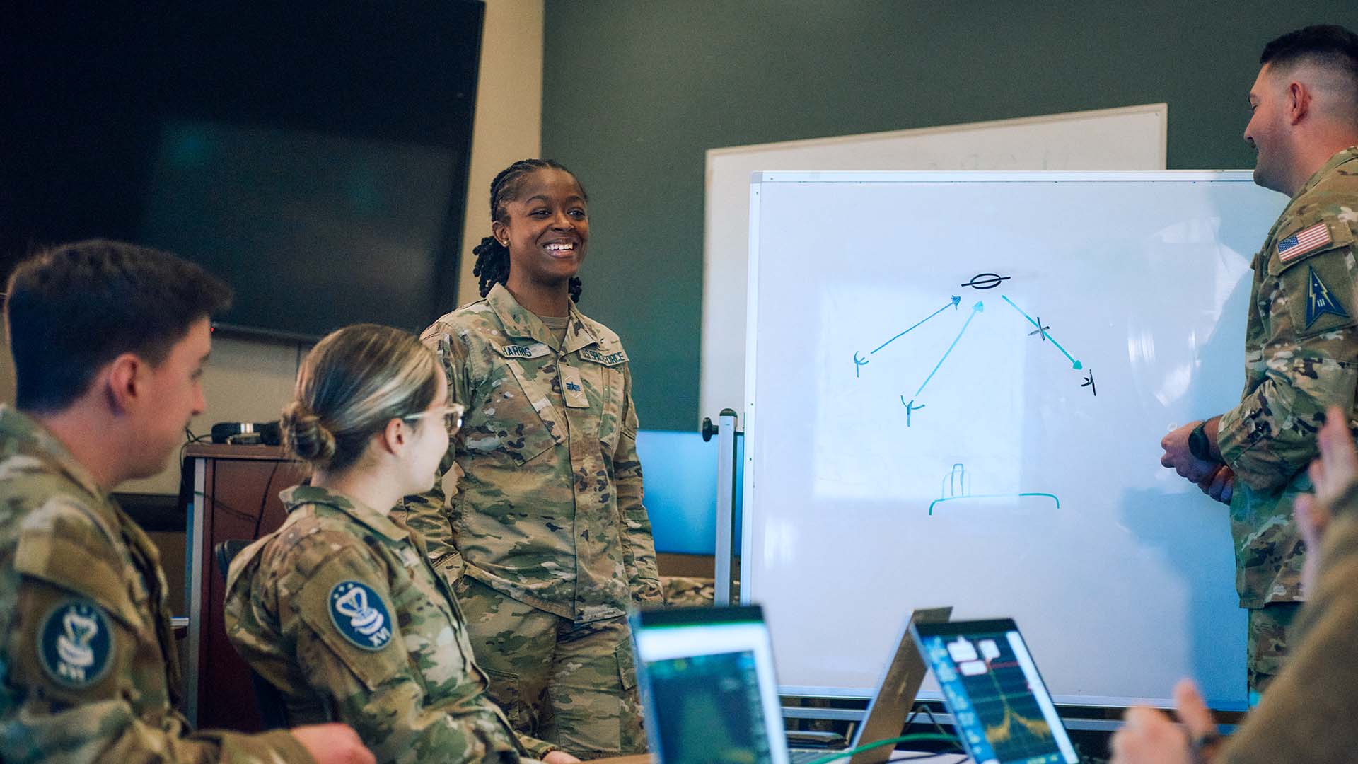 Syriah Harris standing near a white board while other service members watch her speak.