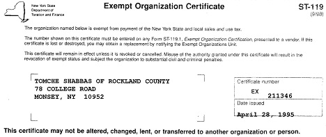 about tomche shabbos where poor families come for financial assistance nys tax exempt form st 119