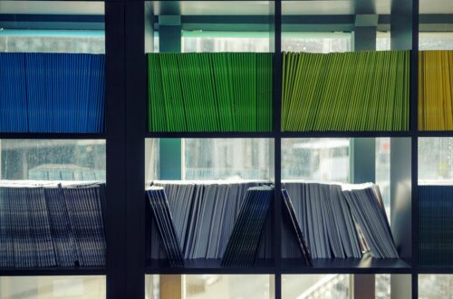 Different colored file folders arranged neatly on shelves