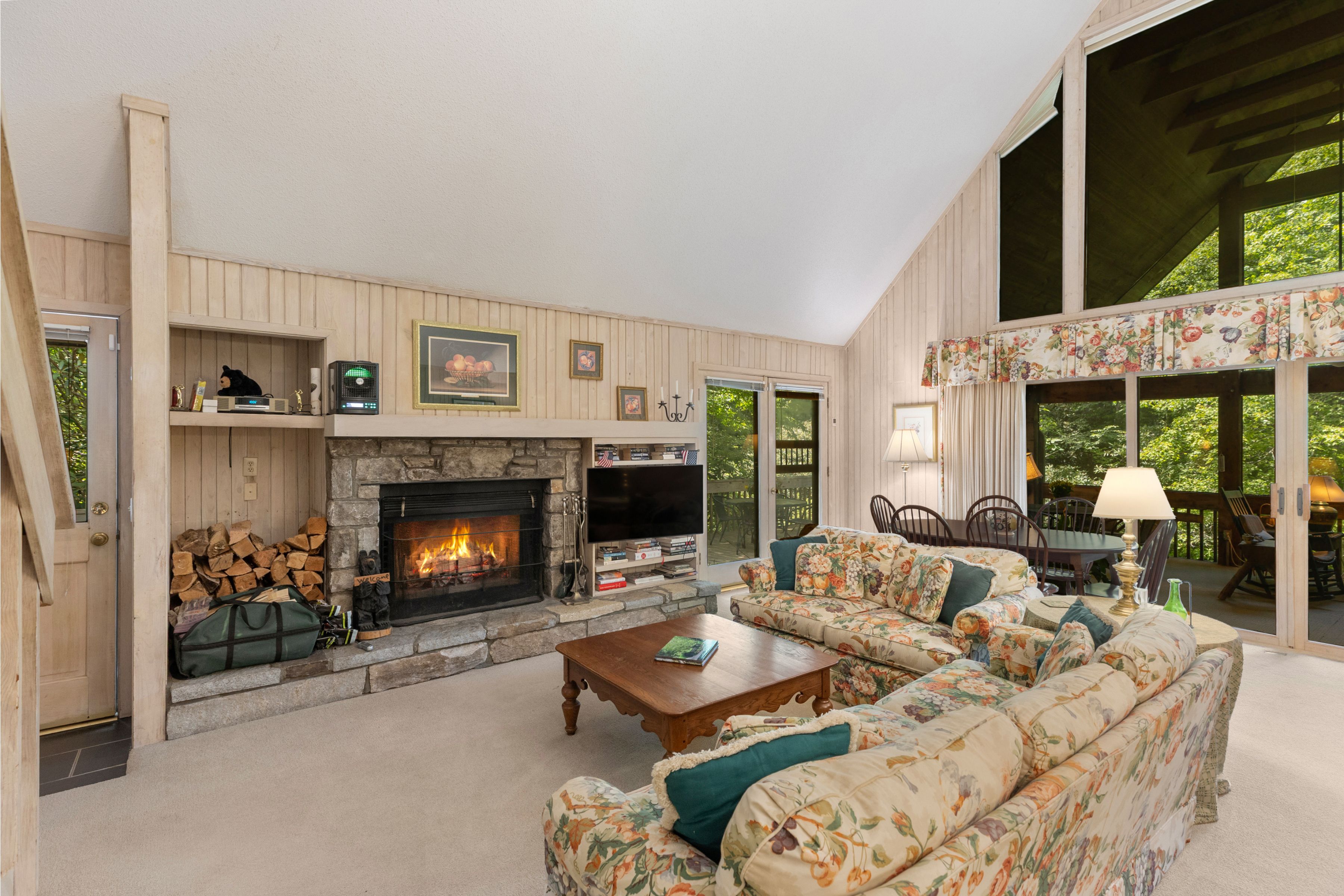 Stone wood-burning fireplace at 140 Wildflower Drive
