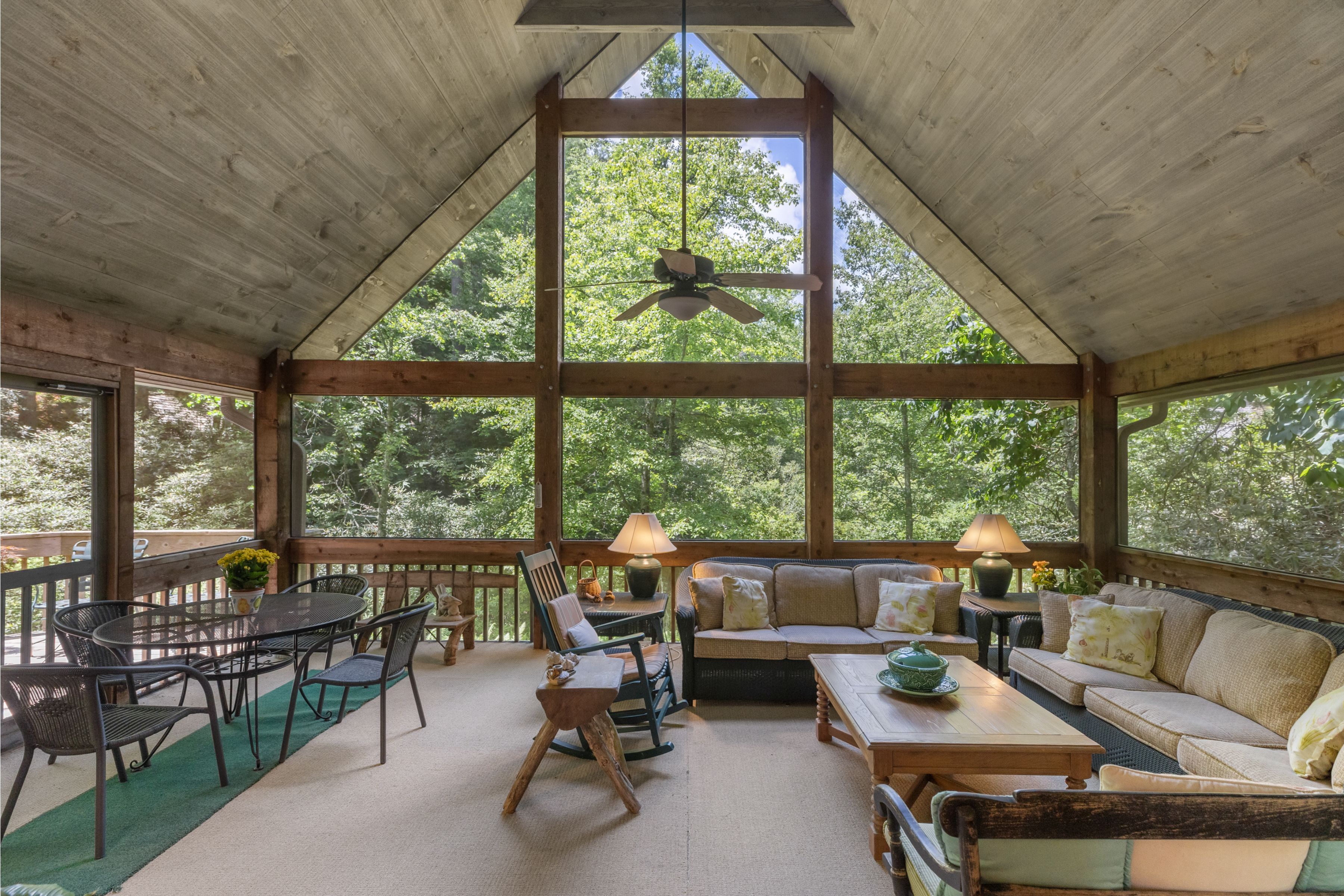 Timber-framed screened porch at 140 Wildflower Drive