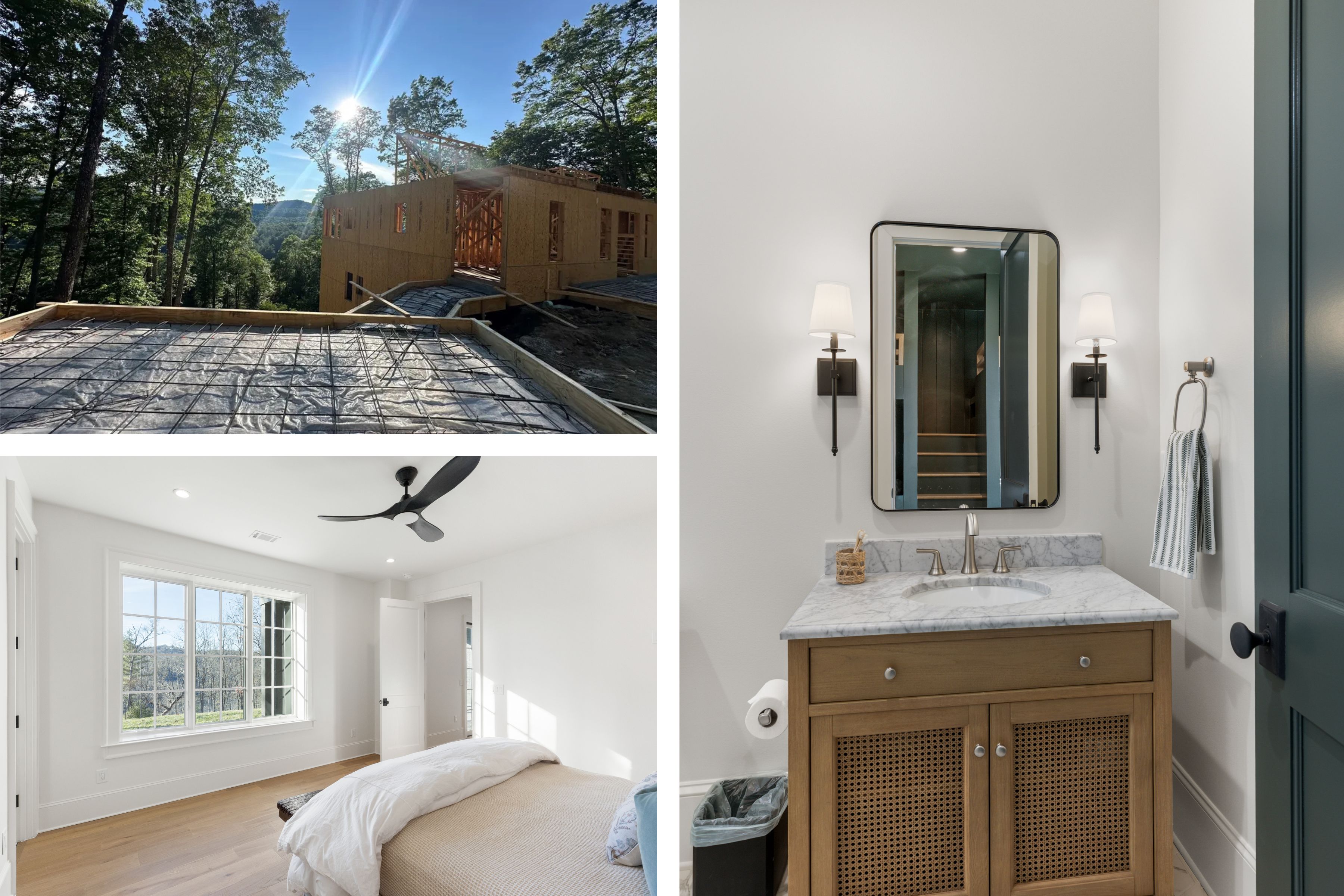 Upper-level construction and completed-home photography arranged together