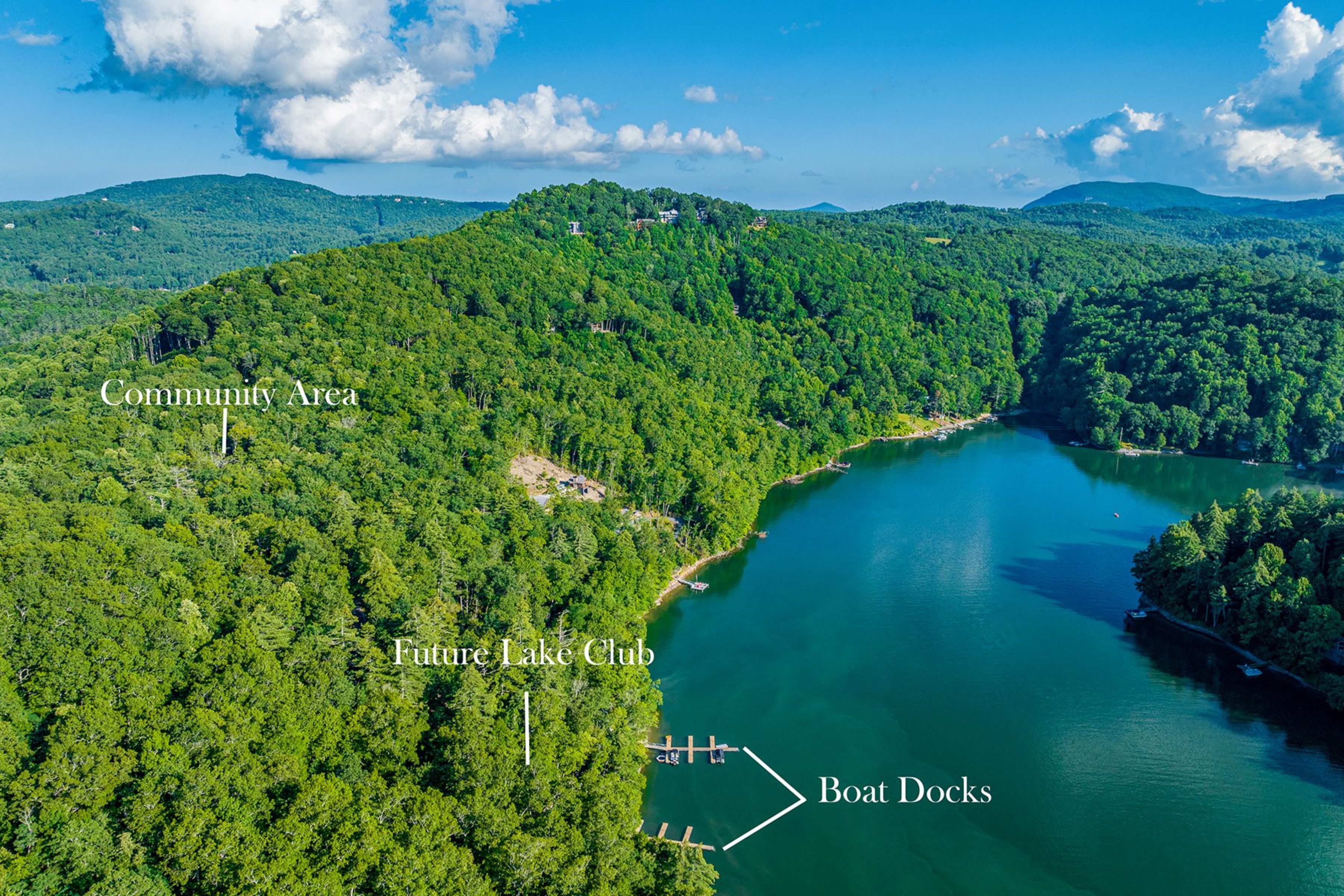 Aerial view of Tocami shoreline and community docks