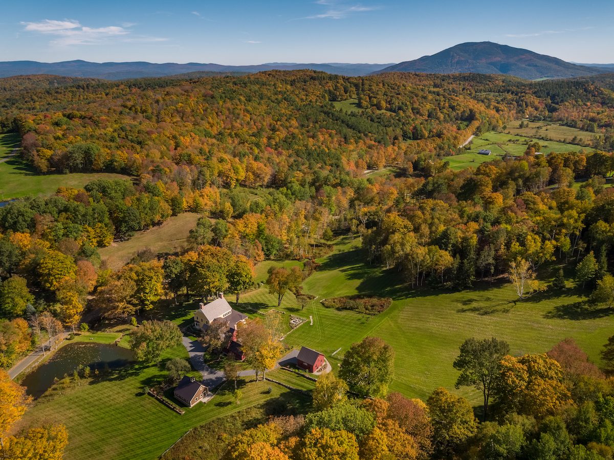Sheep Run Farm, aerial Sheep Run Farm near Woodstock Vermont for sale by LandVest.com