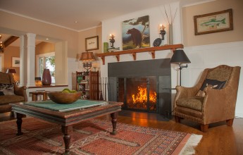 Living room with wood burning fireplace, Crosswinds, Kattskill Bay, NY NY0316-7