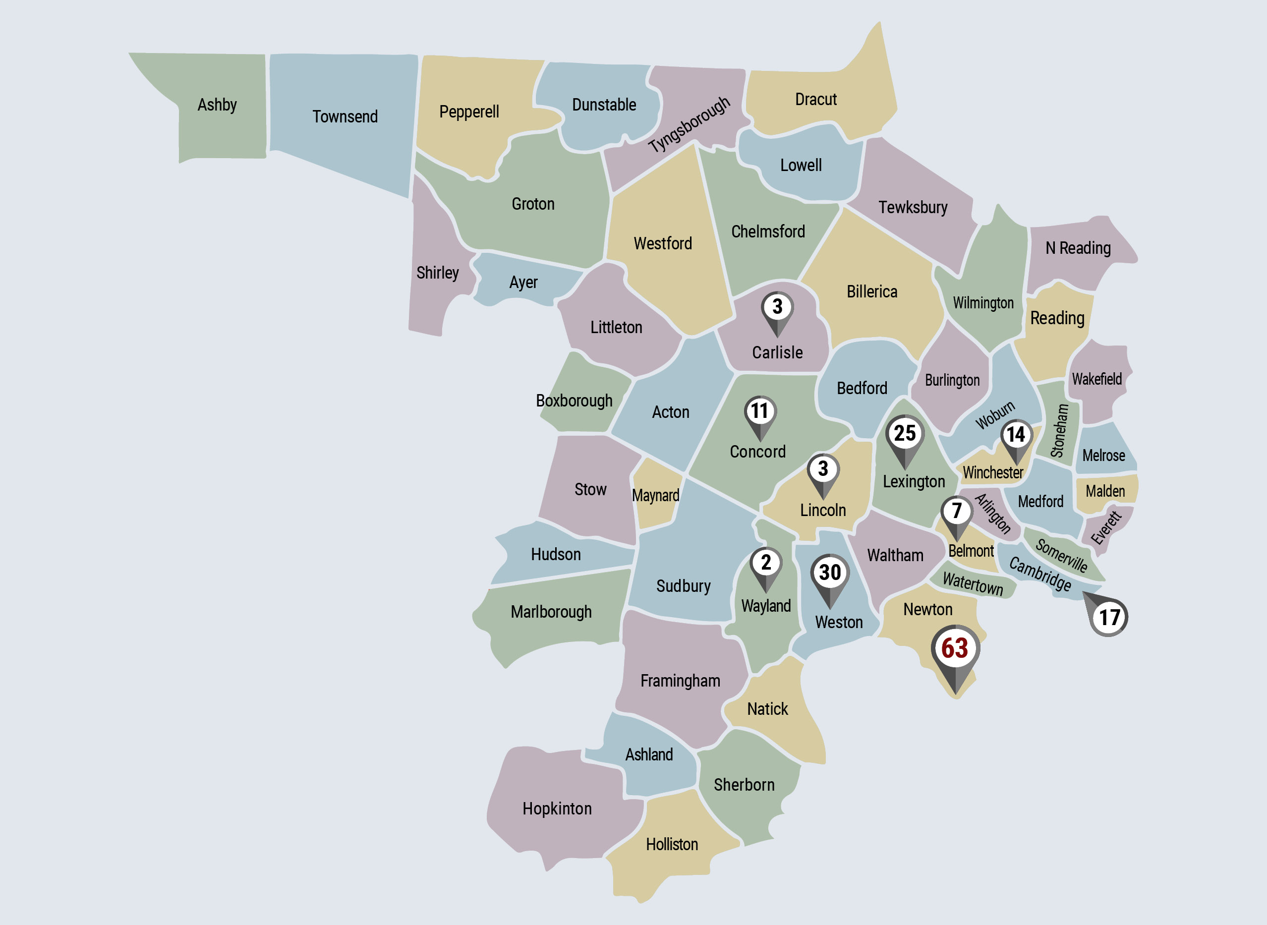 Middlesex County- Sales by Town map