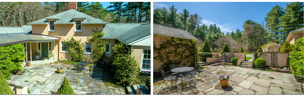 An Italian stucco villa around a courtyard along the Heath Hen Meadow Brook in Stow. New England Architecture MA2255