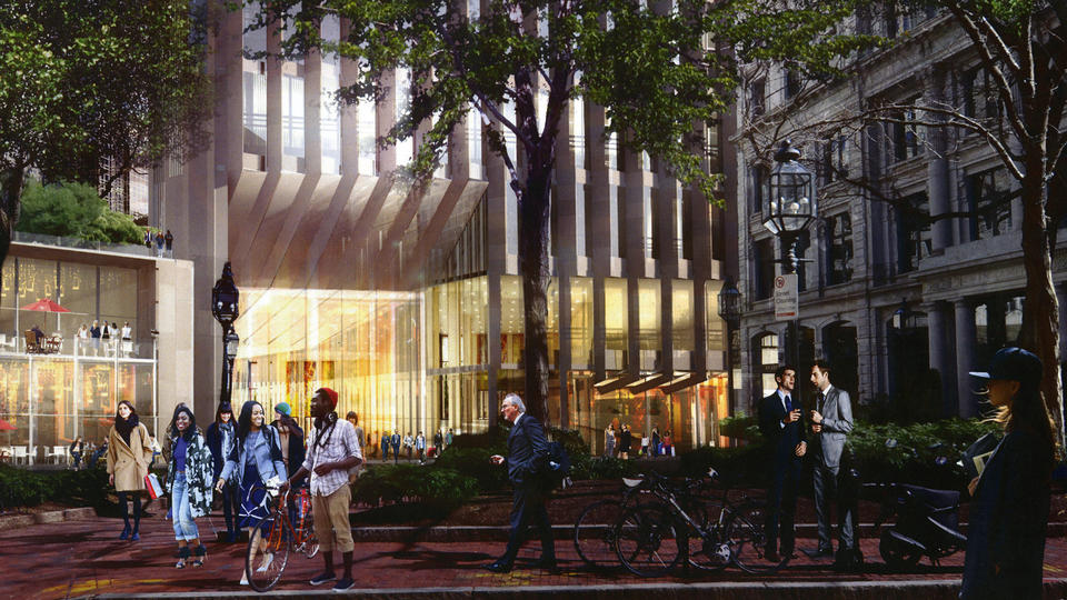 Developers have their eyes on the sky with proposals such as the Trans National Tower and suggest a new street-level look for what was the site of the Winthrop Square garage, pictured, as envisioned by Accordia Partners. - Handel Architects Rendering
