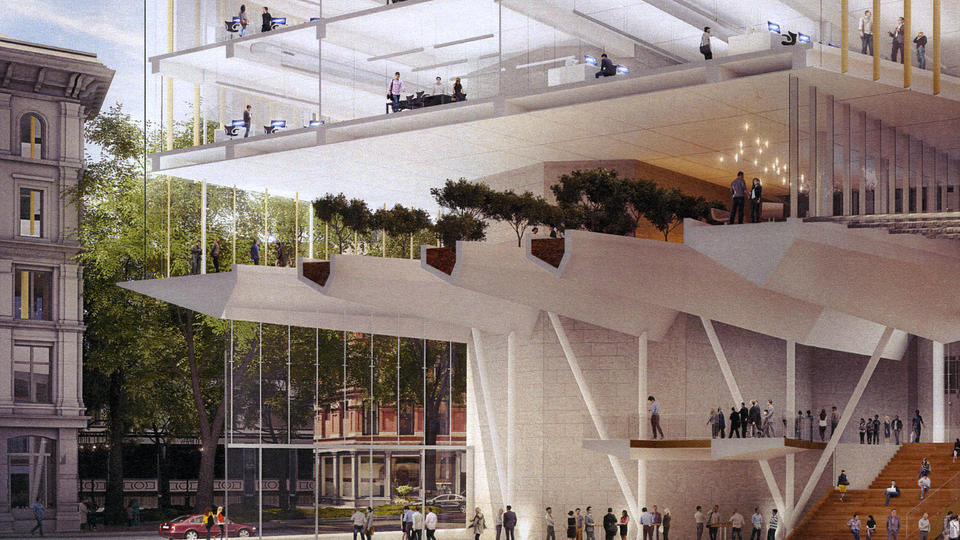Millennium Partners is proposing what it calls the 'Great Urban Room,' above, along with a 750-foot tower in its plans submitted for development of the site of the former Winthrop Square garage in the Financial District. -Handel Architects Rendering