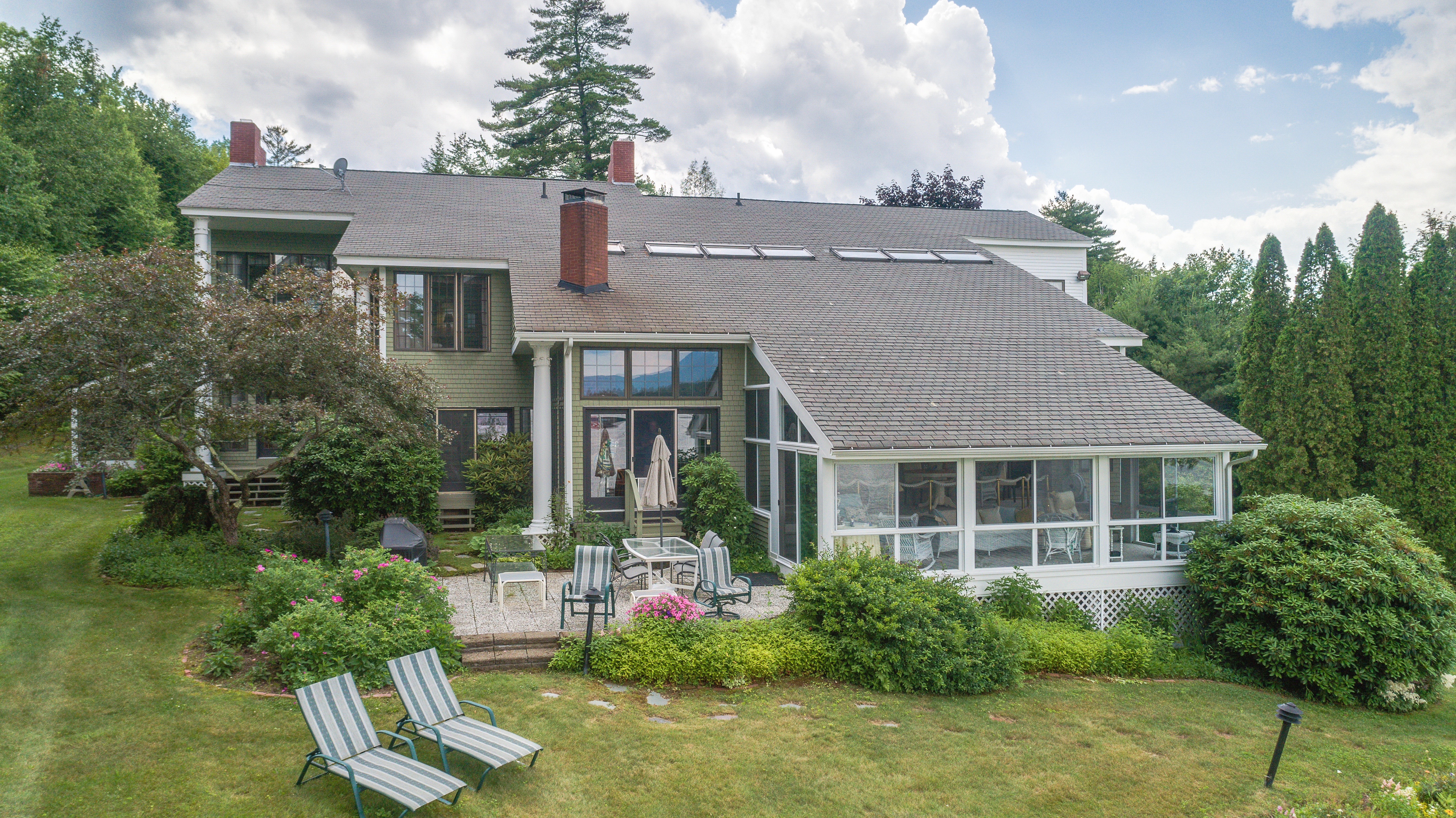 Aerial View of patio and sun room at 144 Veasey Shore Road Meredith NH