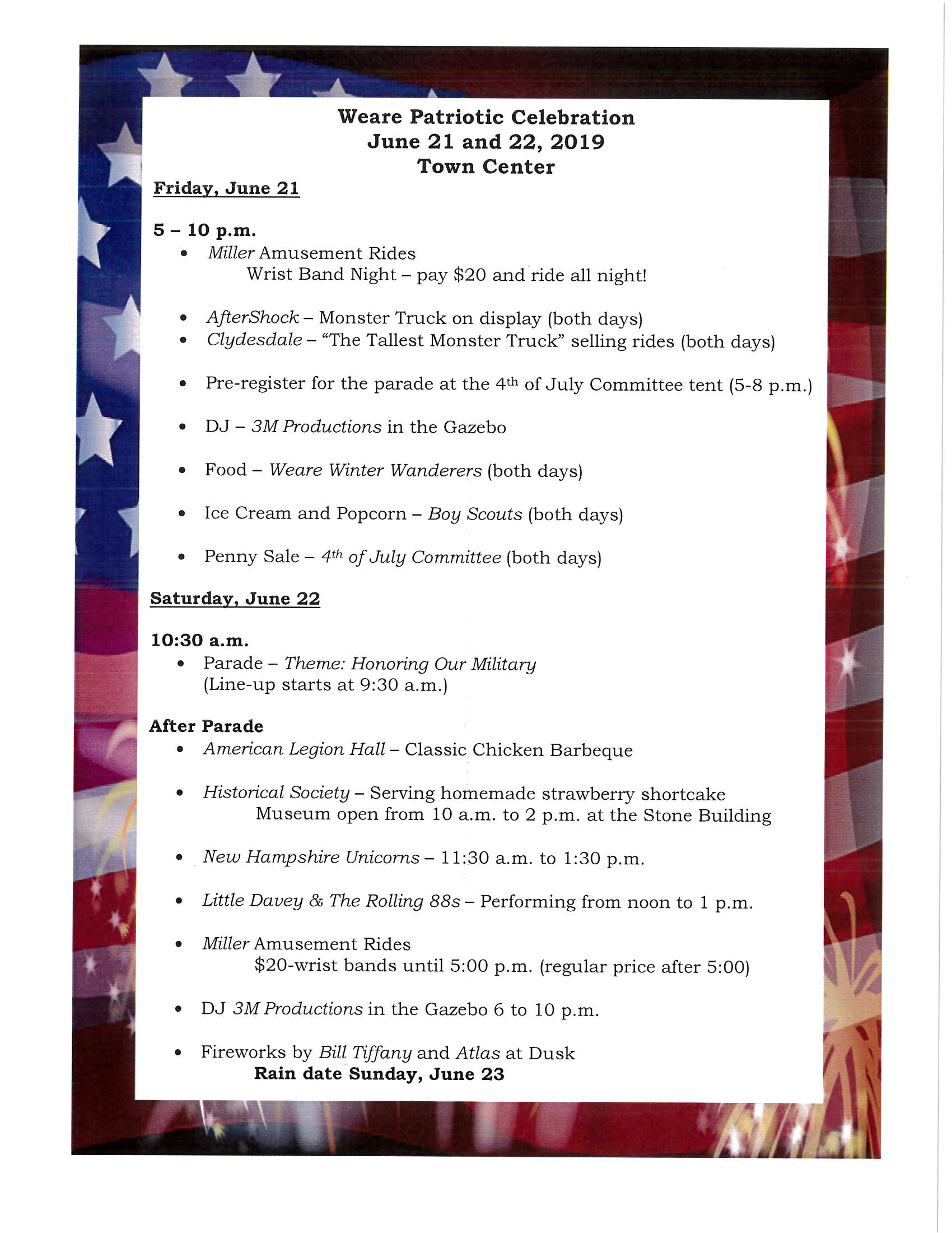 2019 Weare Patriotic Celebration Schedule of Events
