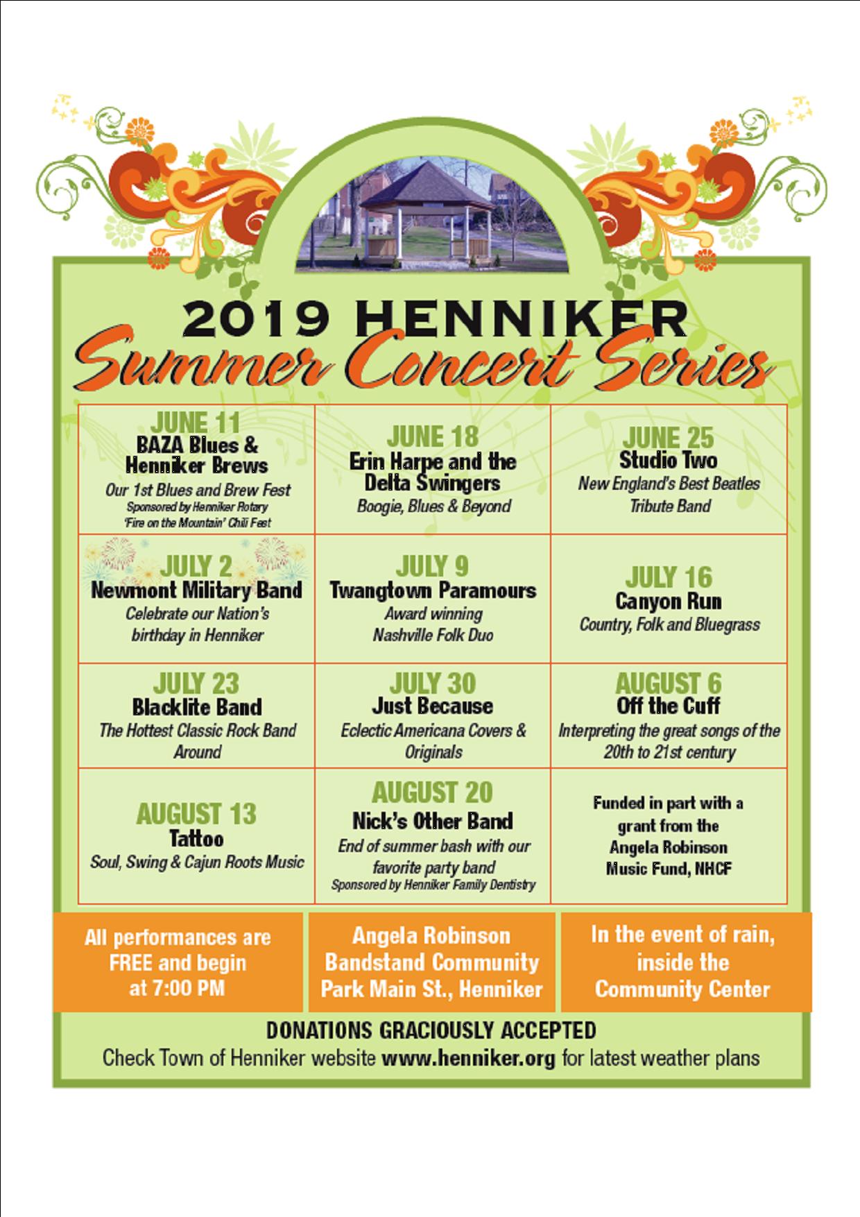 2019 Henniker Summer Concert Series Calendar