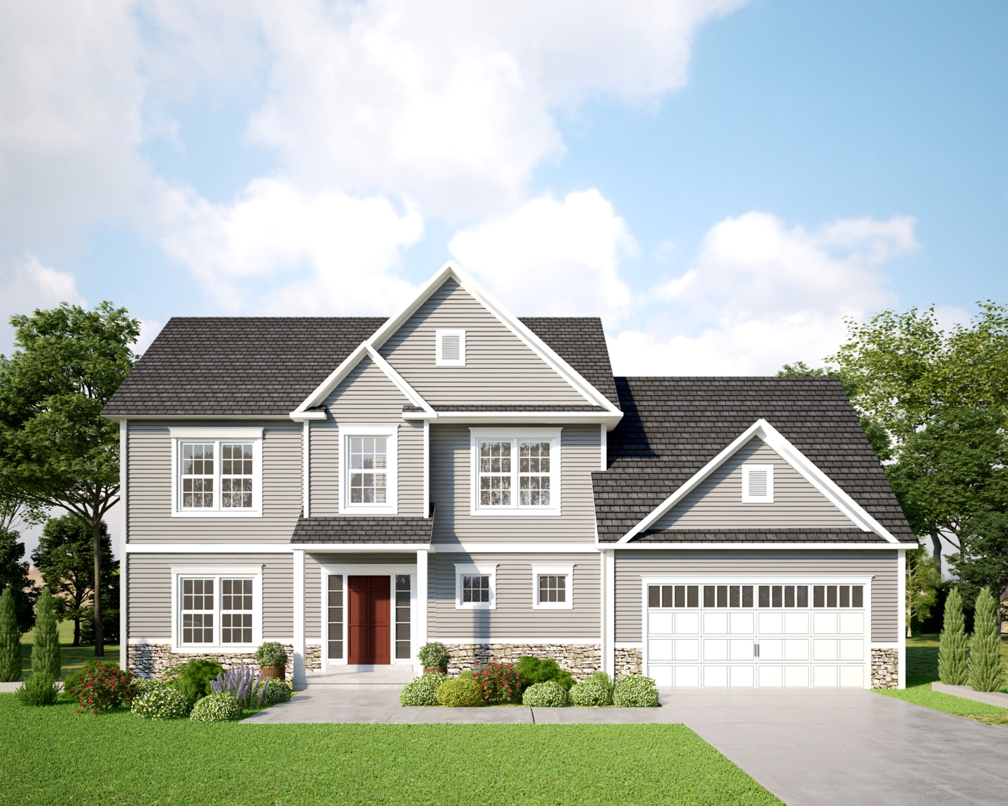 Gray home with stone veneer and landscaping