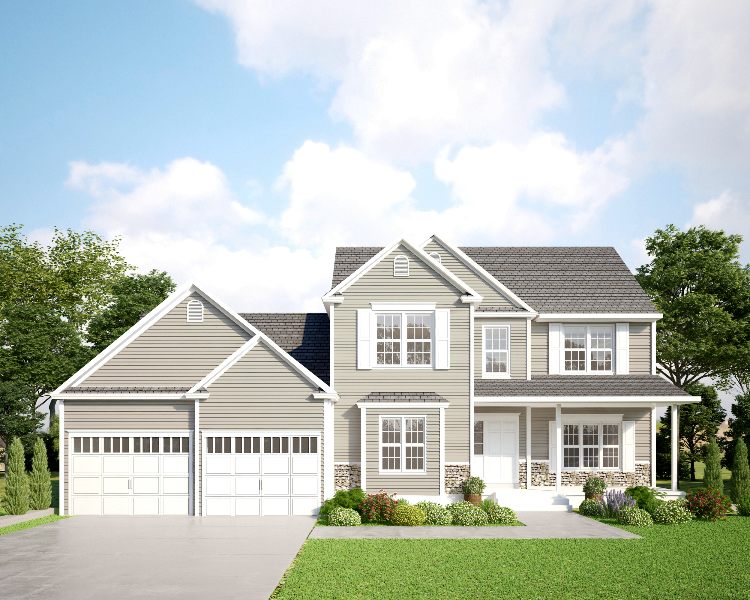 Gray Two story Home with Stone Veneer