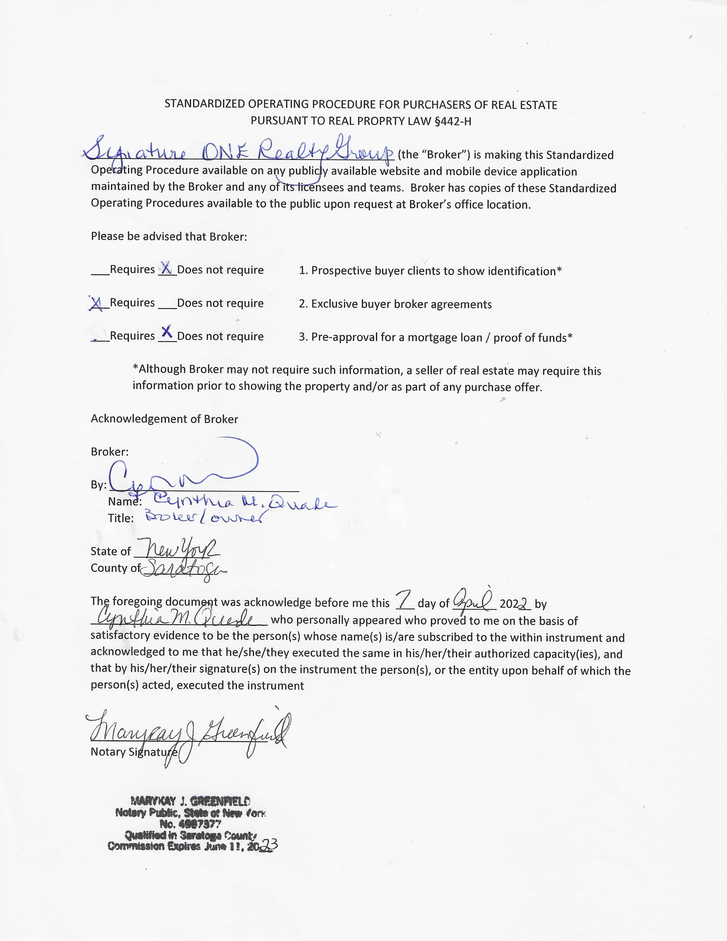 SOP Document for Signature ONE Realty Group