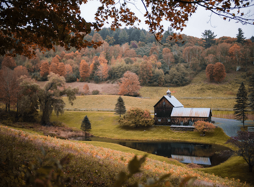 Rustic Farmhouse in Rural Vermont with Fall Foliage