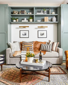 neutral colors couch rug in living room