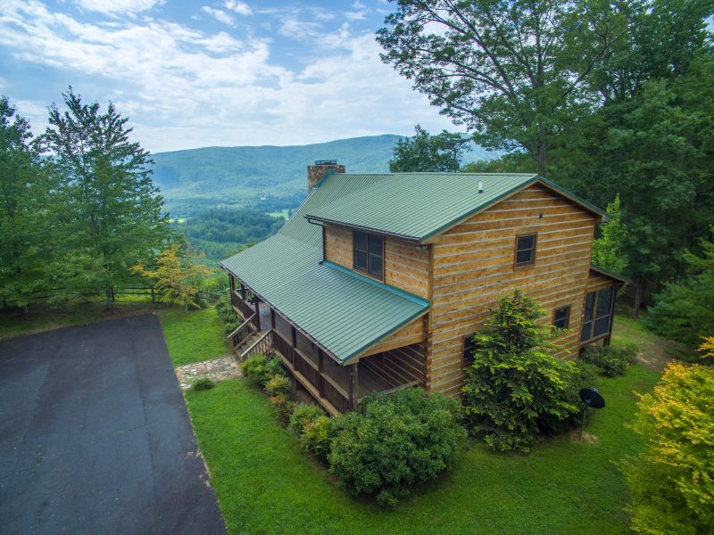 aerial view of a log cabin