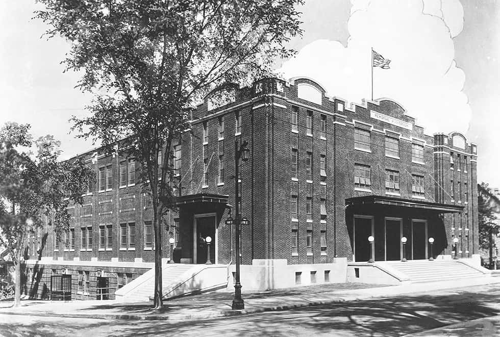a black and white photo of Burlington's Memorial Auditorium