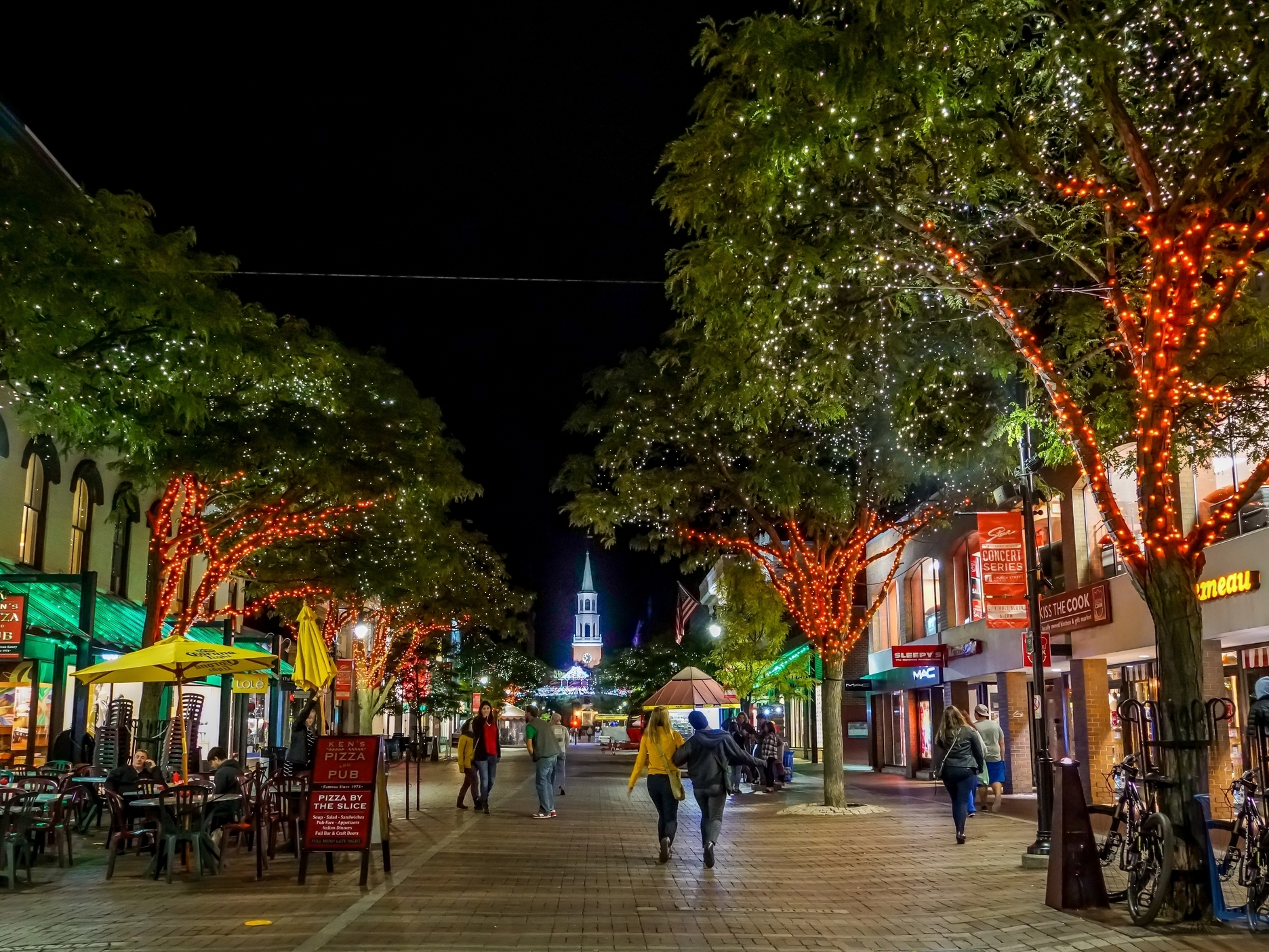 view of church street marketplace lit up at night