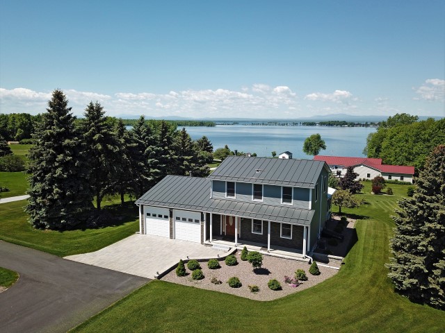 drone shot of lake champlain