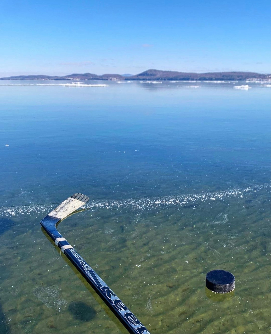 lake hockey on frozen lake champlain near sandbar causeway