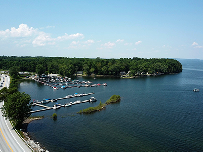 drone shot of apple island marina