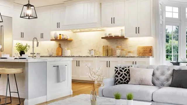 Luxurious interior design of white kitchen, dining room with windows and living room in one space