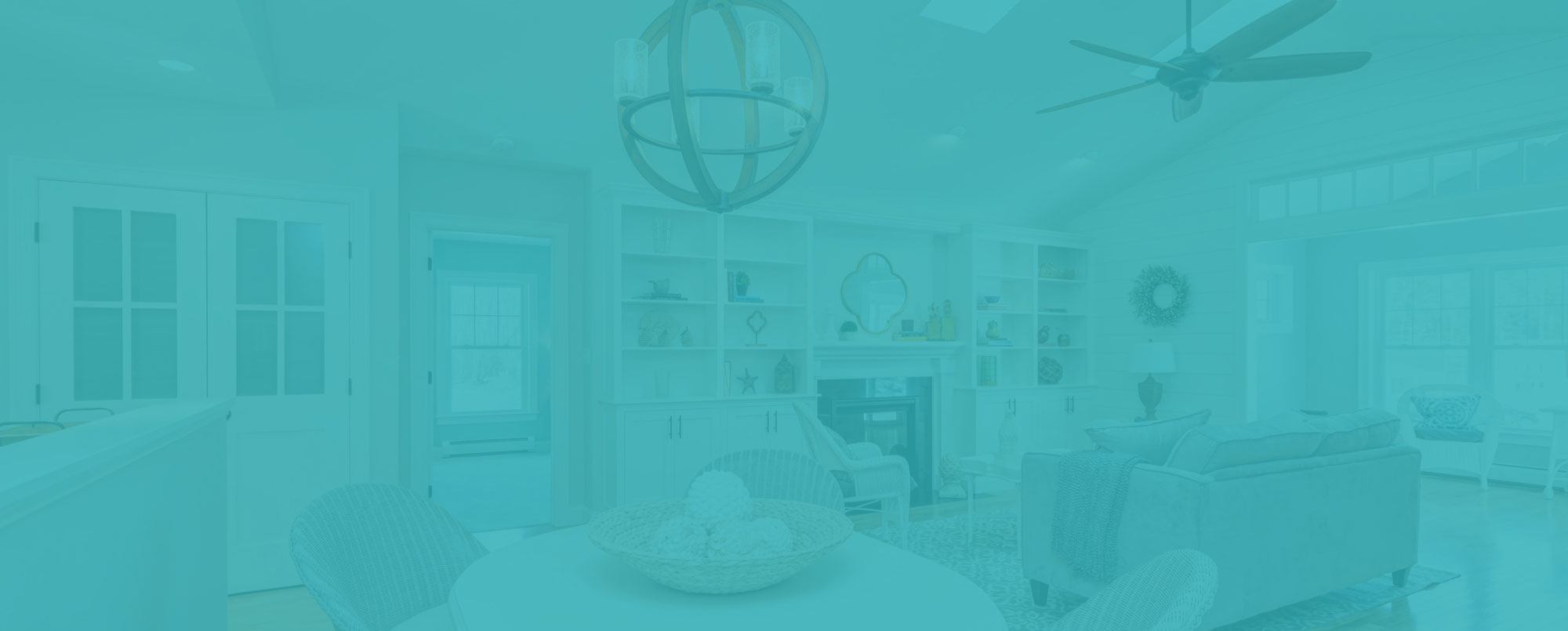 modern living room with wood flooring and dining table. Blue filter overlaying image.