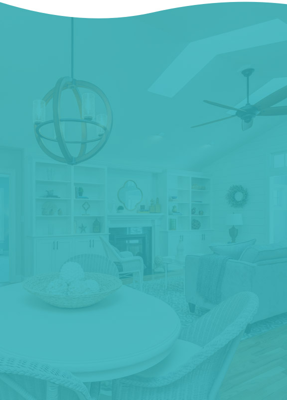 modern living room with wood flooring and dining table. Blue filter overlaying image.