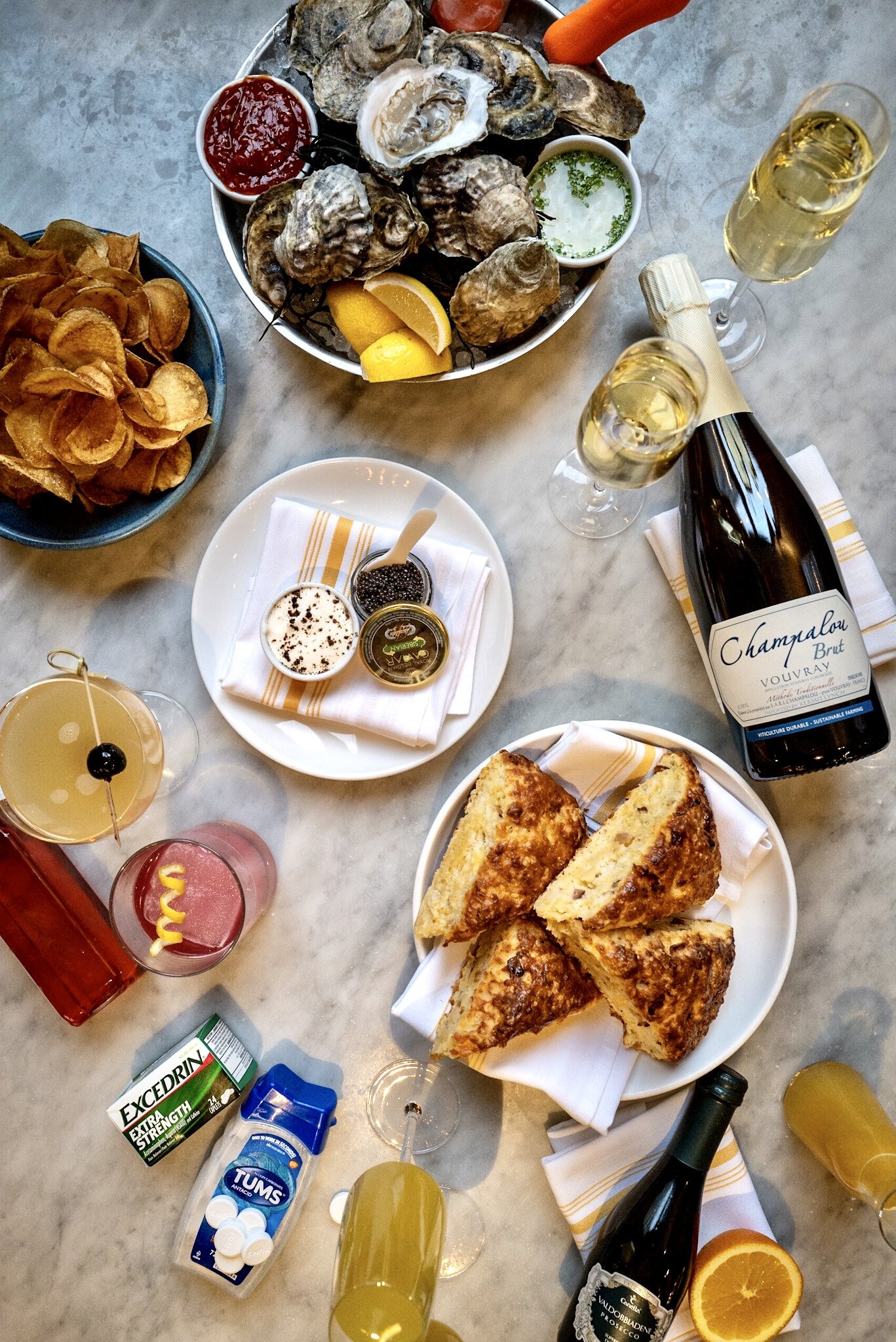 NYE Kit from Waypoint; features Oysters, cocktails, champagne, hangover cures, and more.