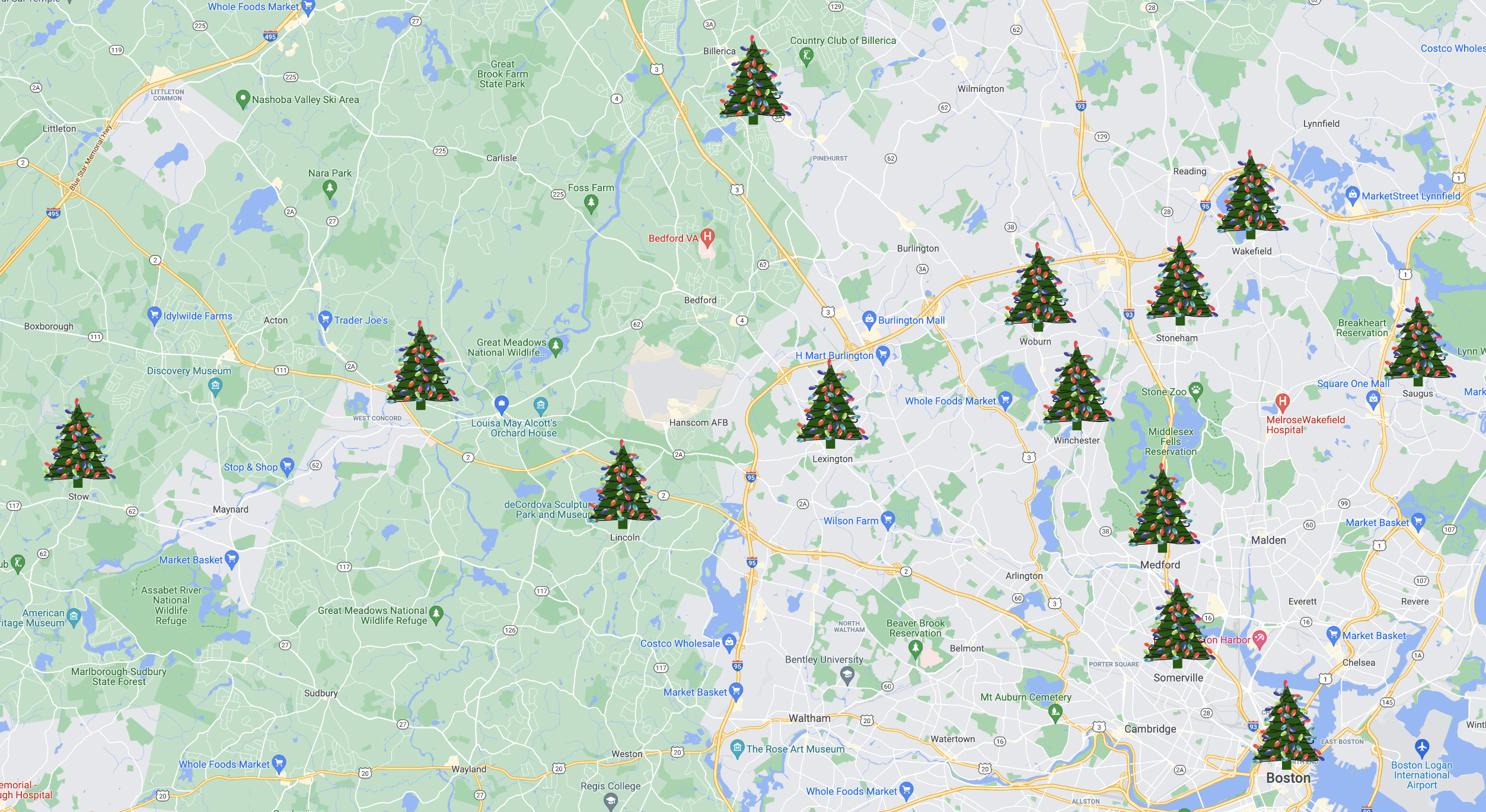 Map of Holiday Lights in the Greater Boston Area