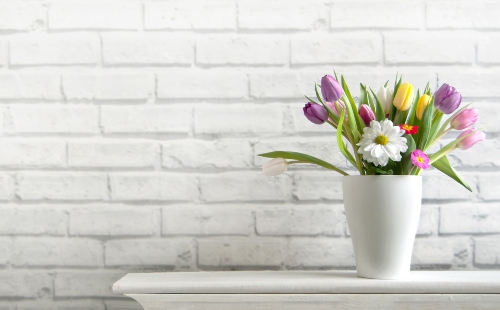 Spring Flowers on Fireplace Mantel