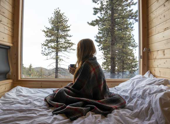 woman in a blanket holding a mug looking outside