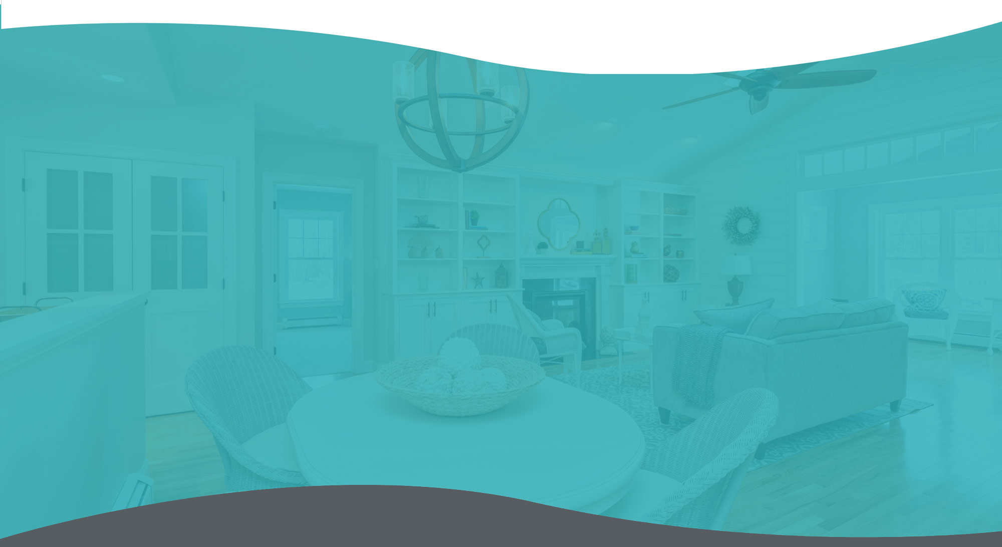 modern living room with wood flooring and dining table. Blue filter overlaying image.