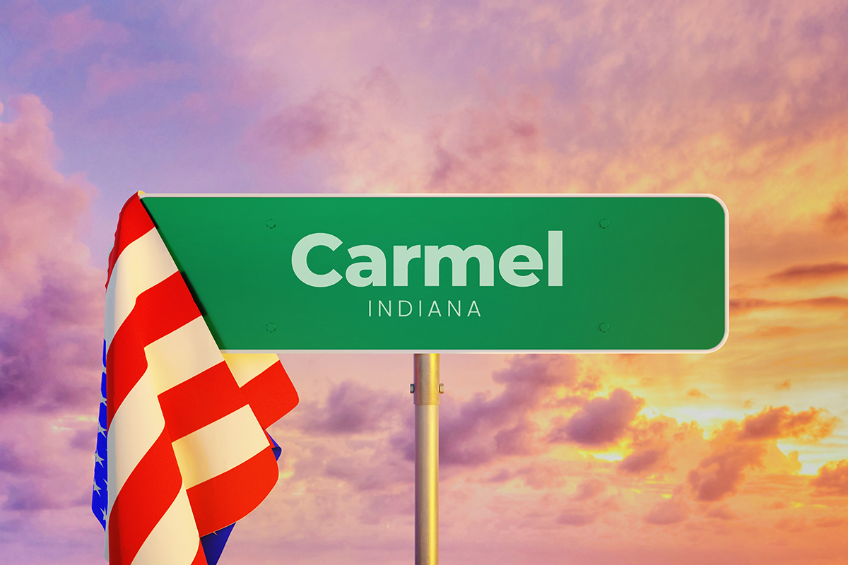 Carmel Indiana is a Great Place to Live Road Sign and Flag