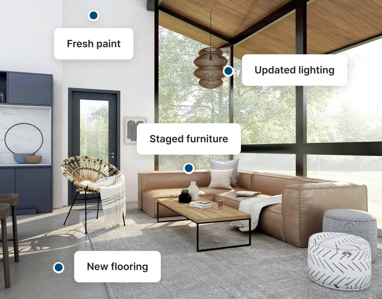 Rendering of modern living room with wood stove