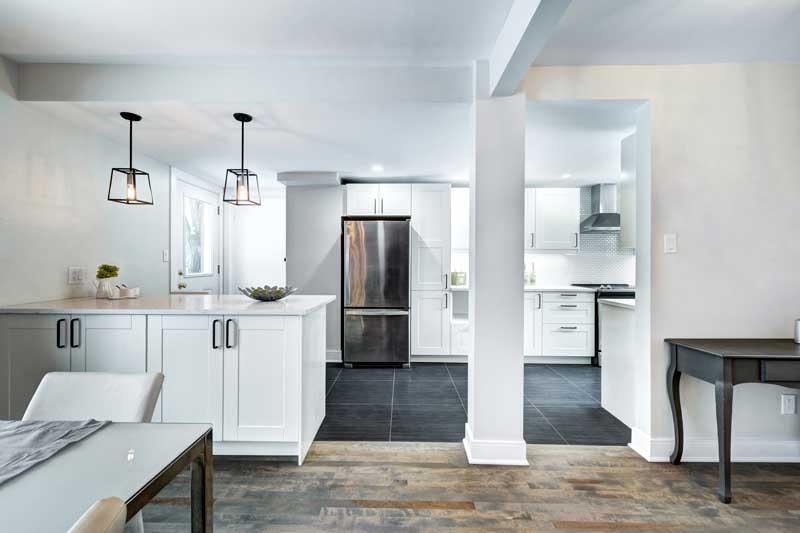 kitchen and living room in condo