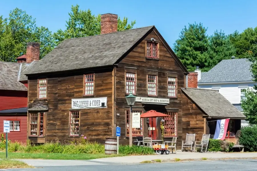Deerfield, Massachusetts, United States of America – September 16, 2016. Historic timber building housing the Historic Deerfield Museum Gift Shop and Bookstore.