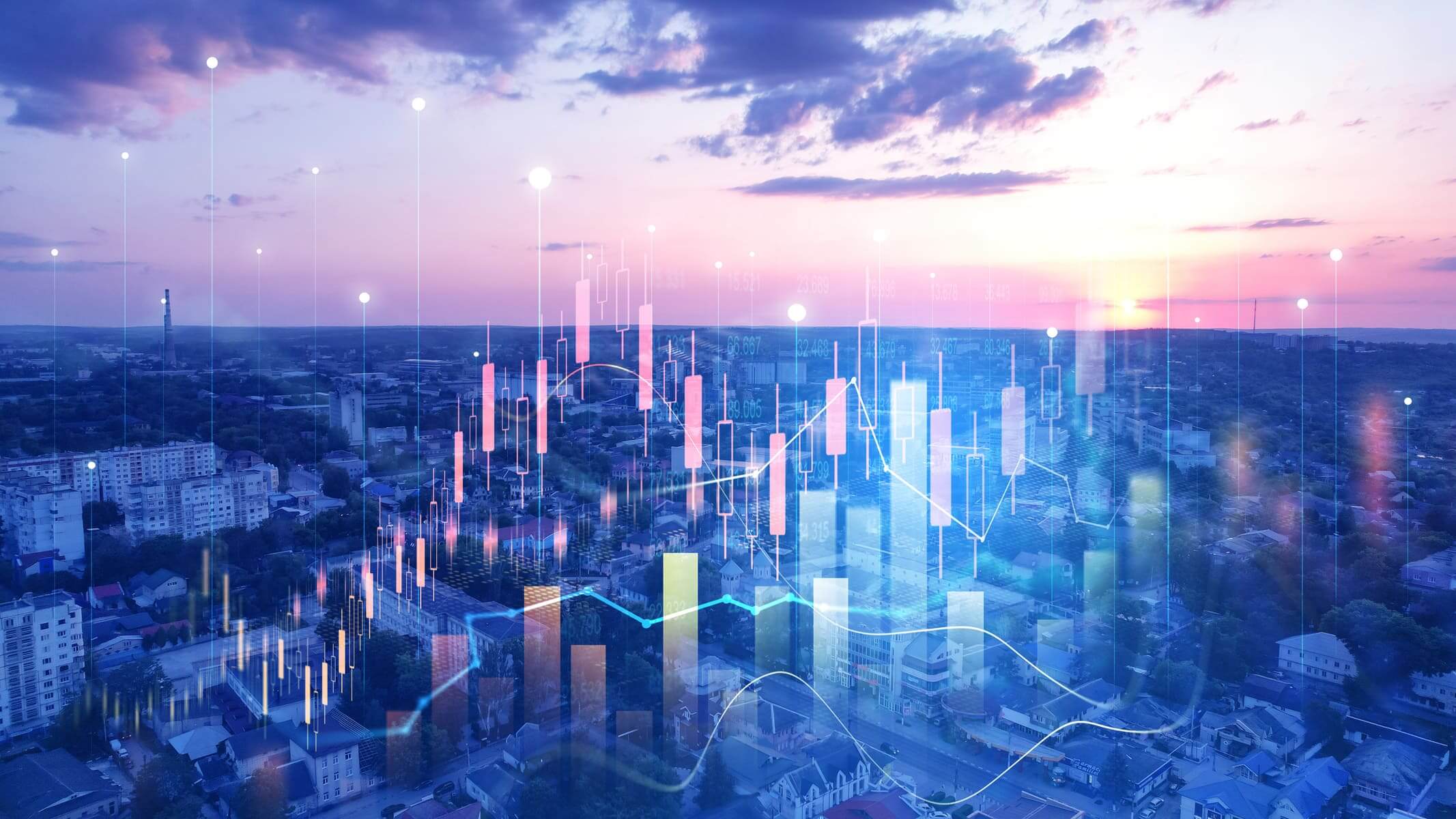 Big data chart on city backdrop. Analysis finance graph and market chart investment. Trade technology, and investment analysis.Business development, financial plan and strategy.