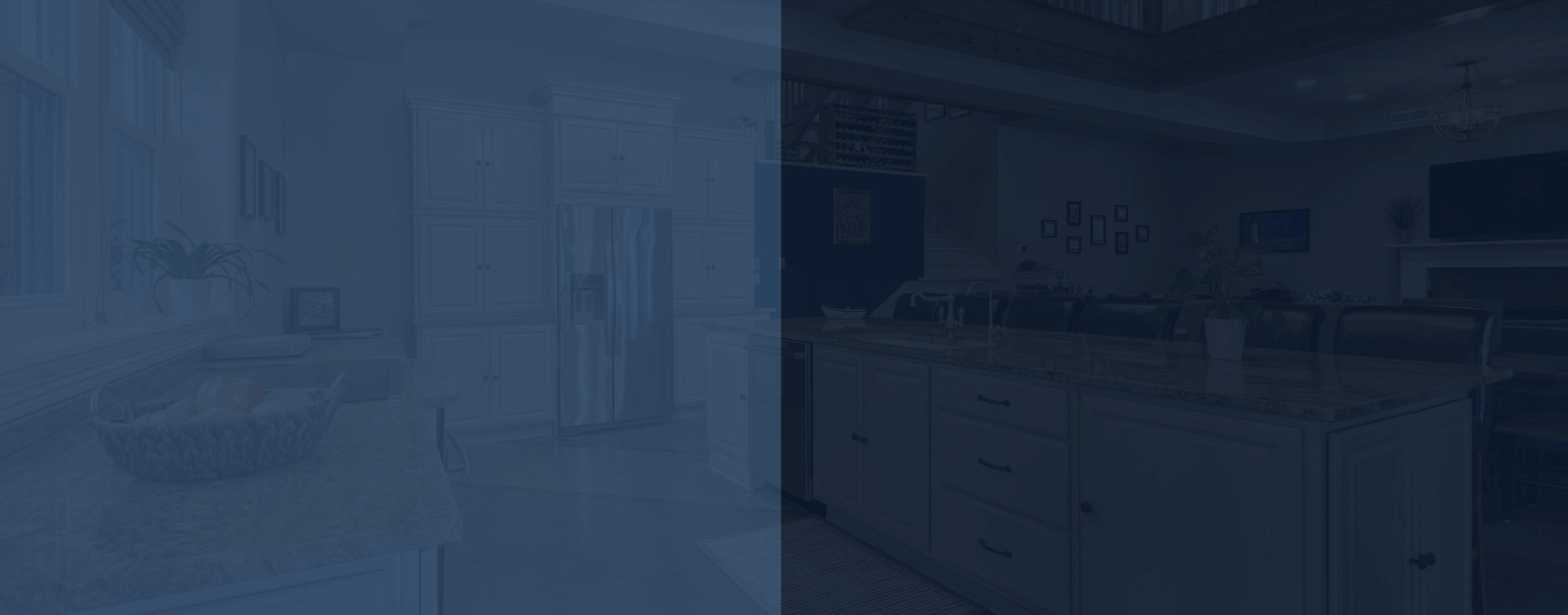 modern kitchen with bark blue and light blue overlays