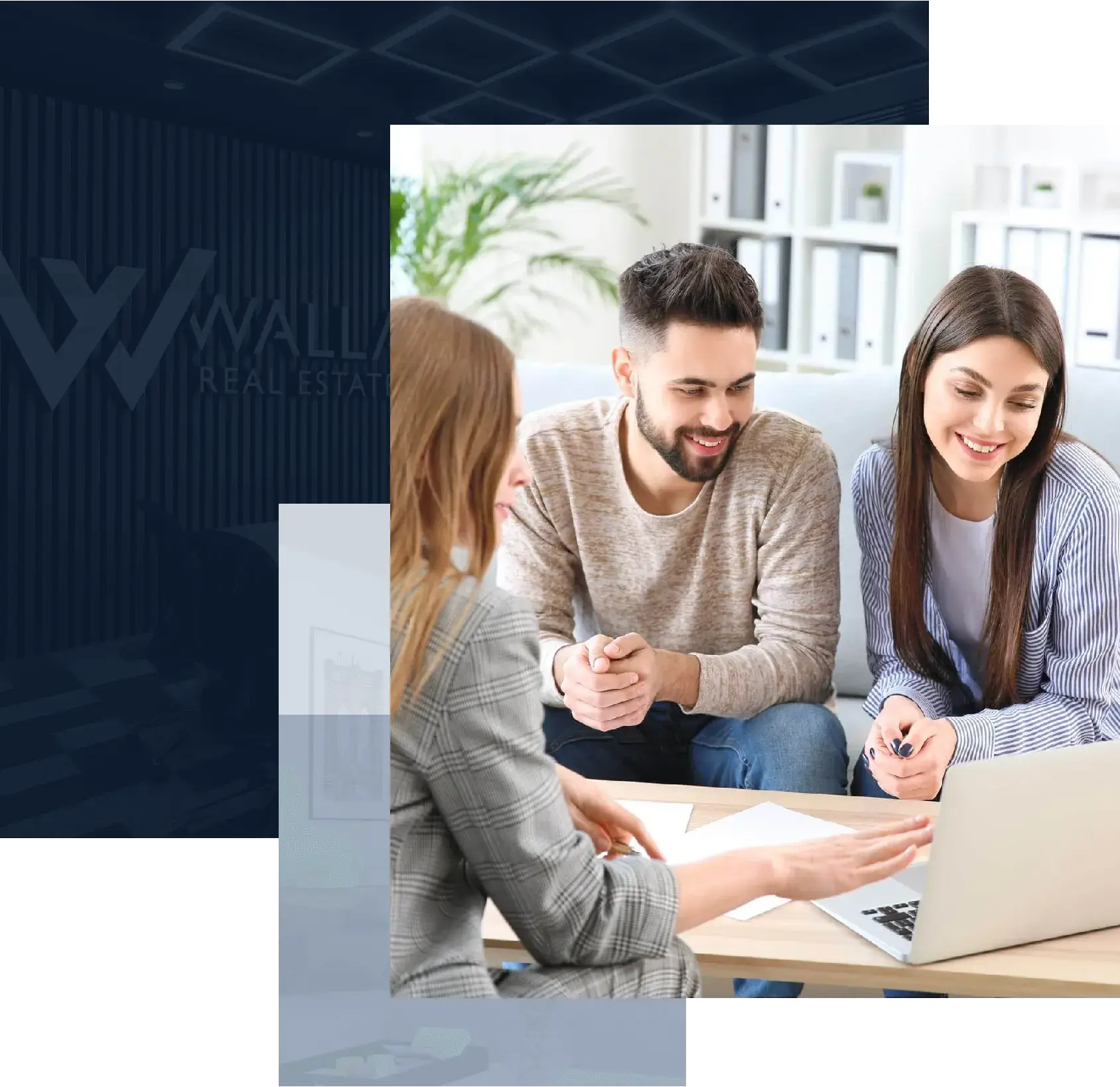 Young couple in office of real estate agent and two overlay images behind