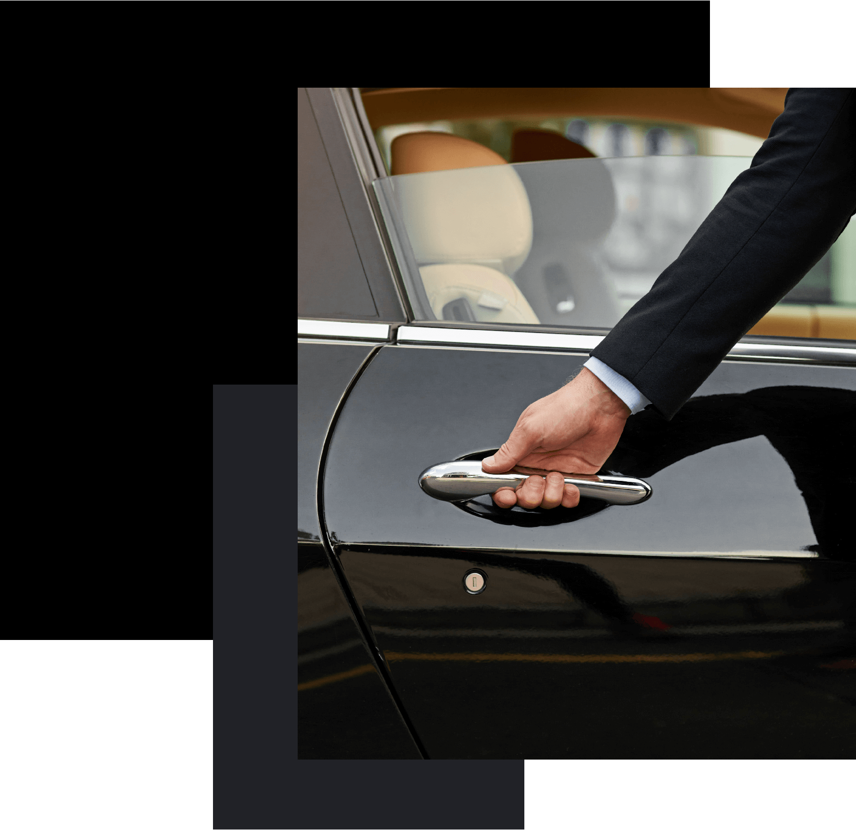 Someone opens doors of the car and two overlay images behind
