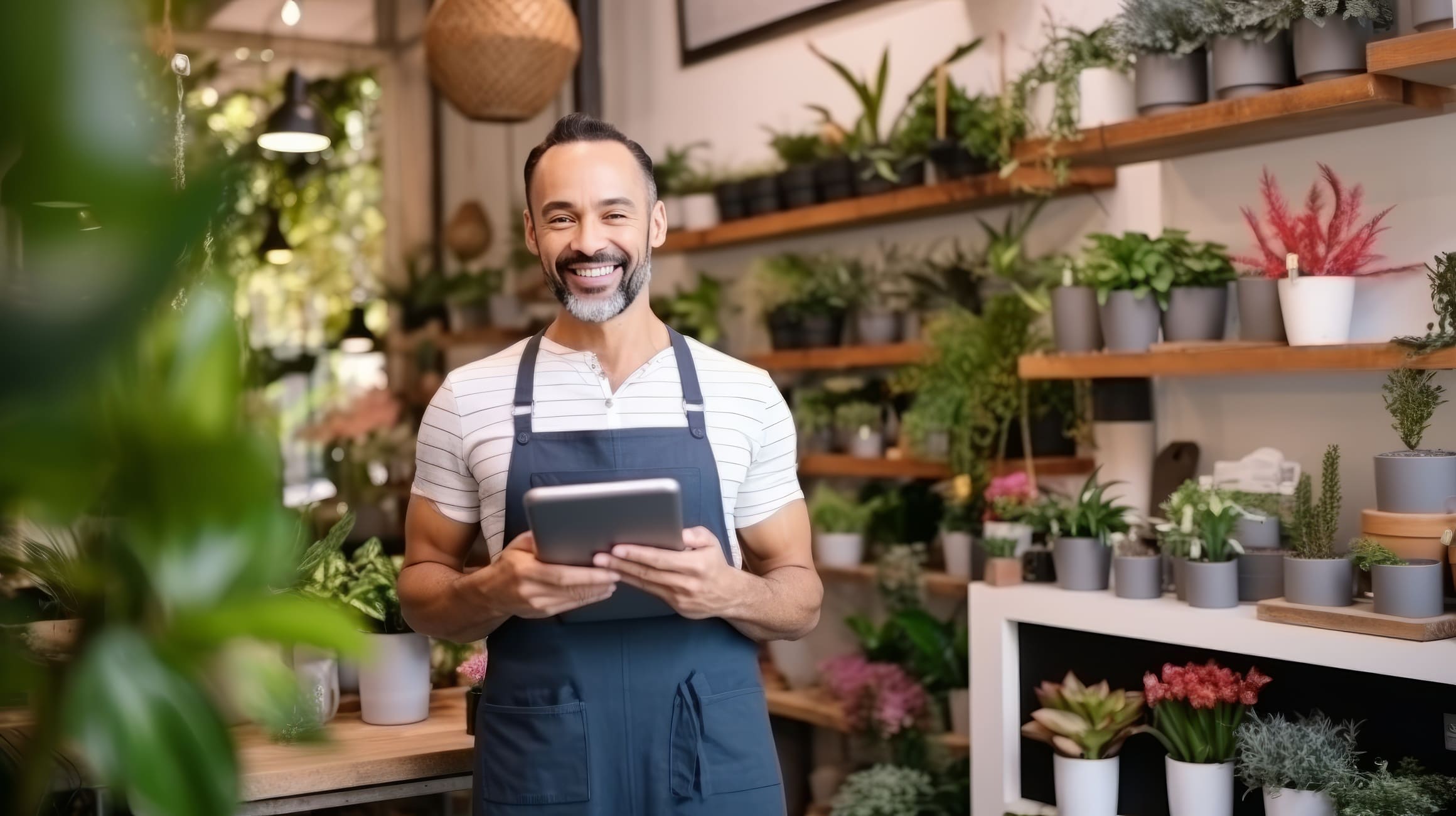 Small business owner managing flower shop with digital tablet