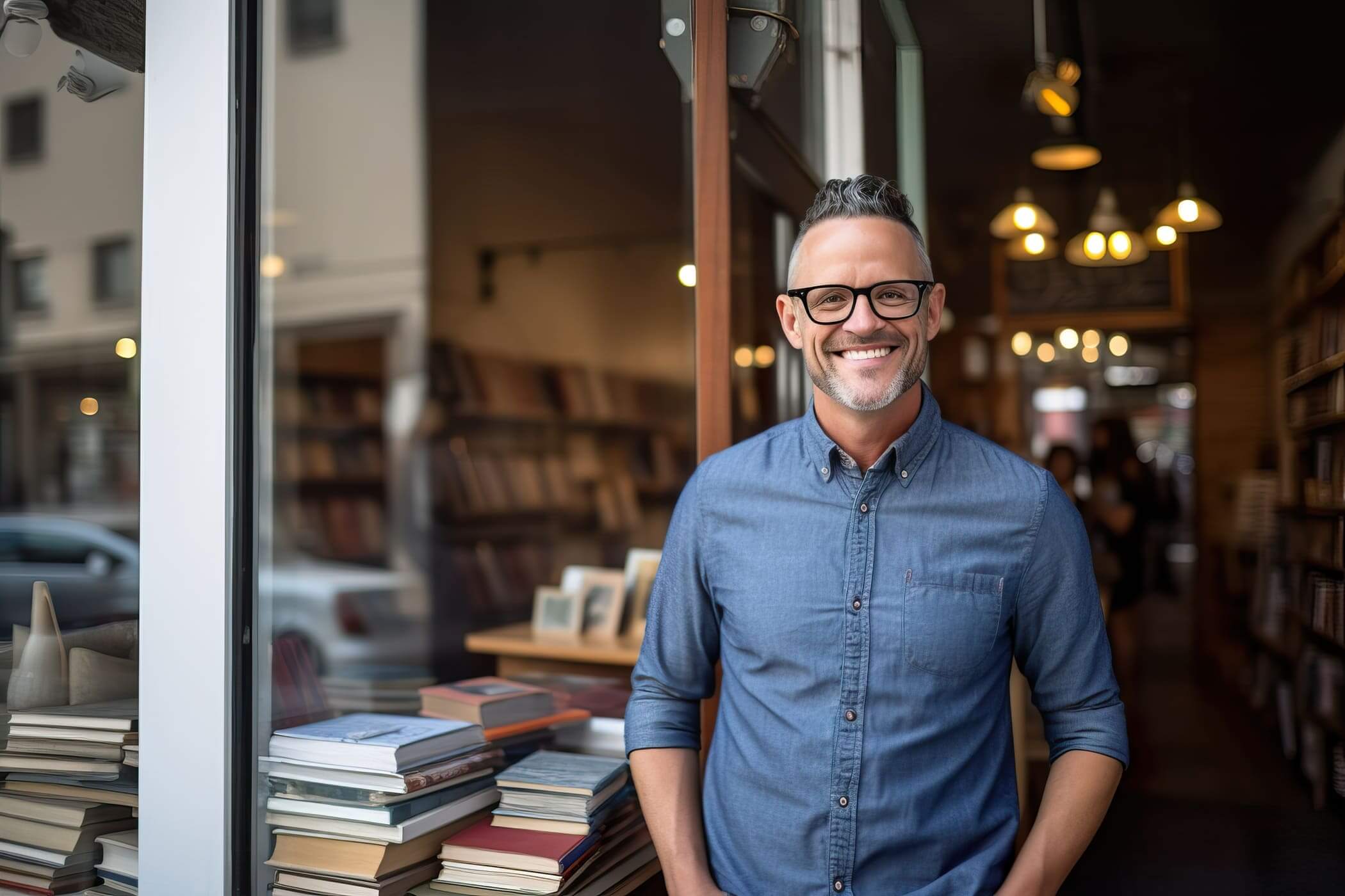 Man standing in front of local bookstore