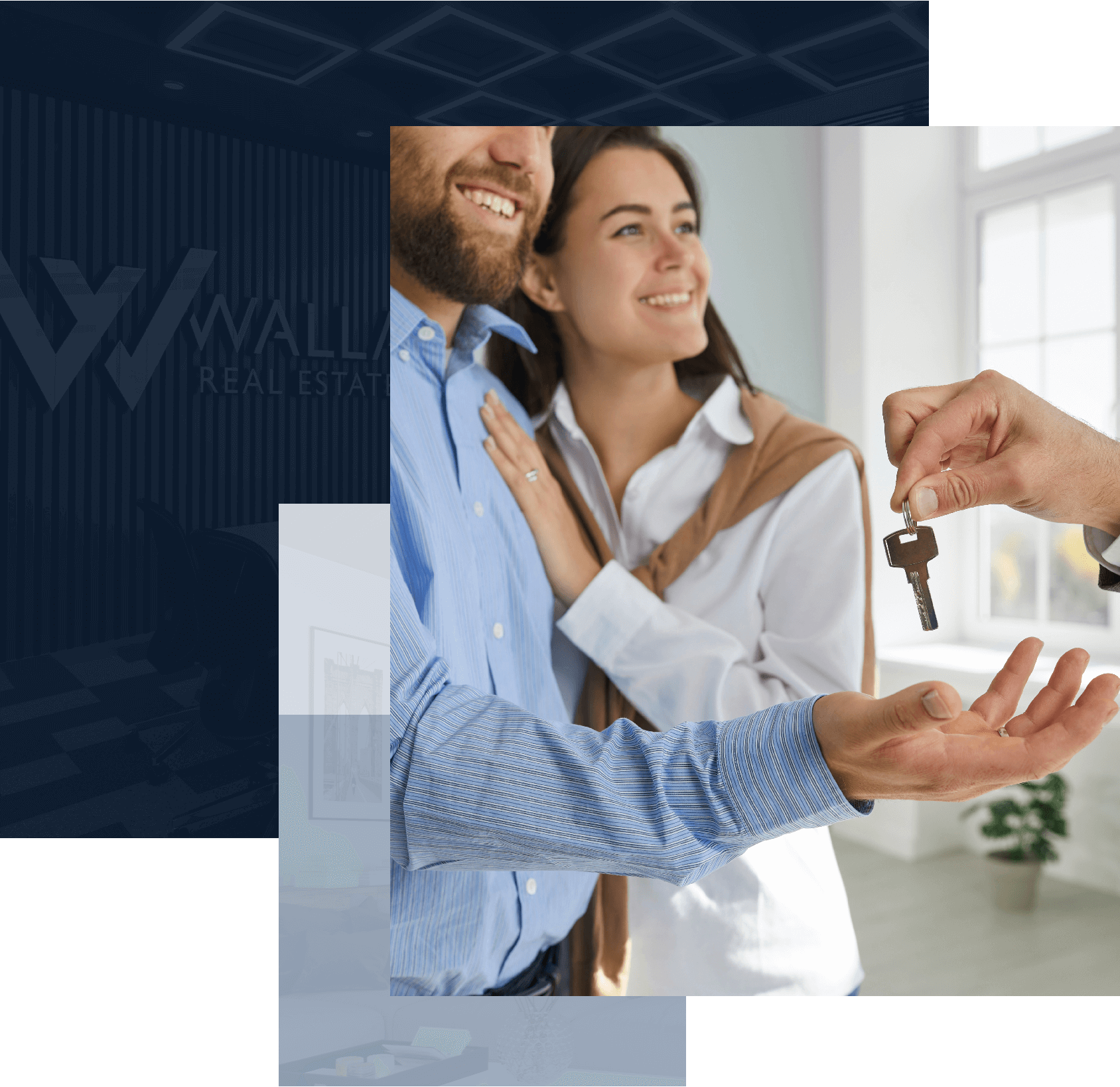 Happy couple get keys from the house and two overlay images behind