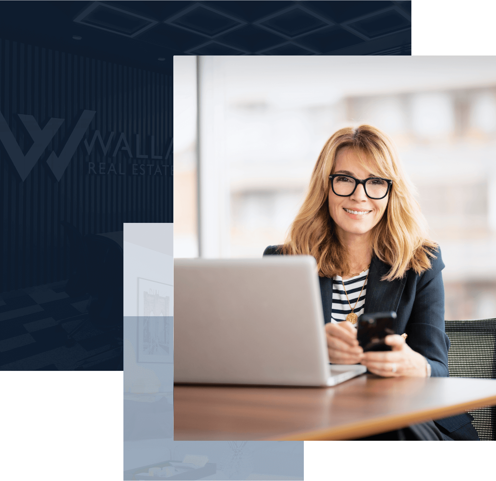 Woman is working and two overlay images behind